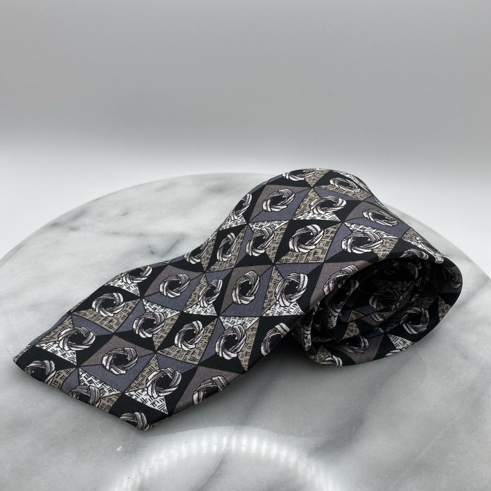 American Editions Mens Tie Black Gray White Made in US Geometric Casual 4" x 60"